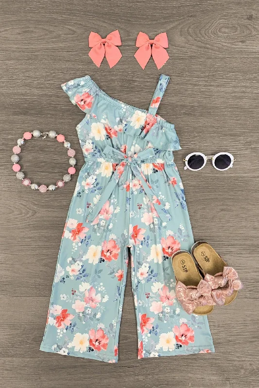 Women's Jumpsuits with Lapel CollarLight Blue One Shoulder Floral Jumpsuit