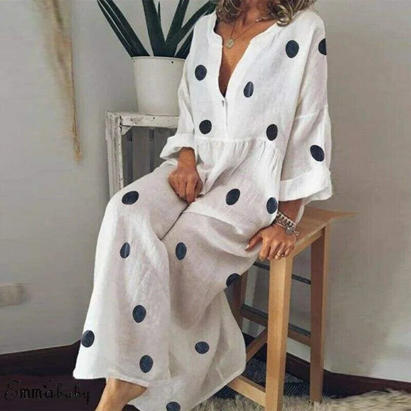 Women's Notched Collar DressesFashionSierra - Plus Size Women Boho V-neck Long Shirt Dress Ladies Long Sleeve Casual Summer Holiday Polka Dot Loose Maxi Dress