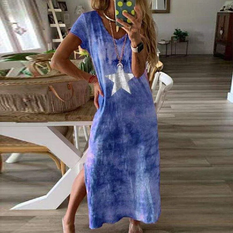 Women's V-Neck DressesFashionSierra - Fashion Women Tie-dye Long Maxi Loose Dress Ladies Short Sleeve V Neck Summer Holiday Party Beach Sundress