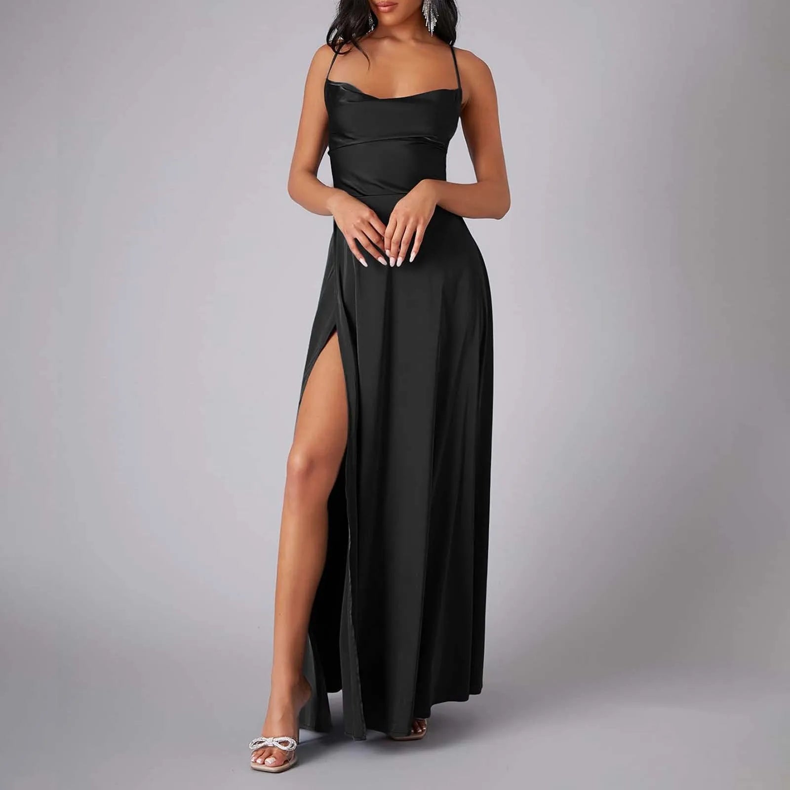 Women's High Collar DressesFashionSierra - Spaghetti Straps Satin Maxi High Side Slit Sexy Backless Prom Dress