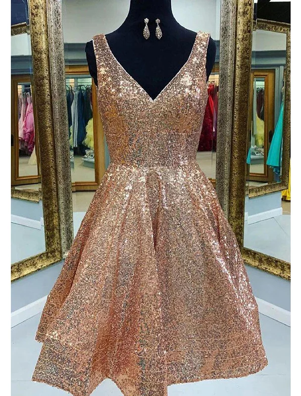 Women's Sheath DressesA-Line Homecoming Dresses Sparkle & Shine Dress Graduation Party Wear Tea Length Sleeveless V Neck Pink Dress Sequined with Sequin