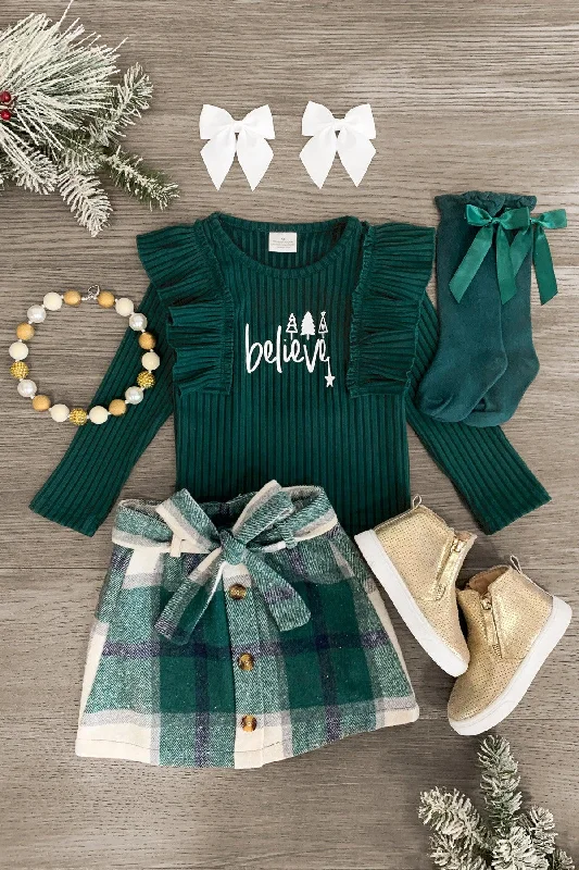 Women's Loose Fit Skirts"Believe" Green Flannel Skirt Set