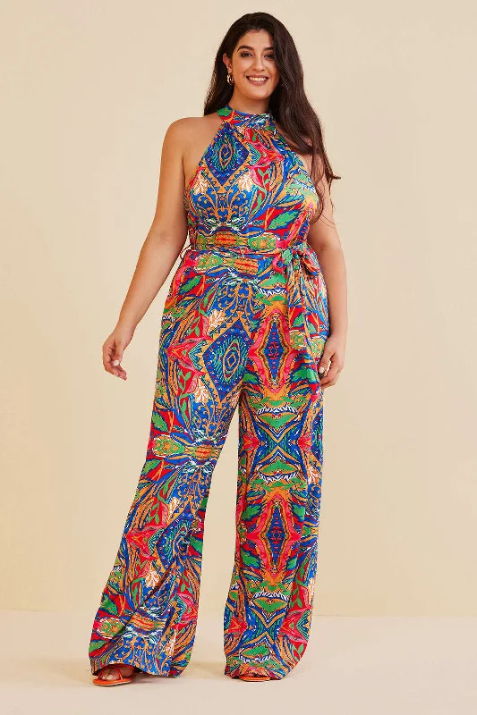 Women's Jumpsuits with ButtonsPlus Size Bohemian Print Halter Jumpsuit