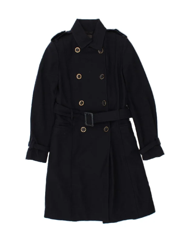 Women's Coats with Fur Trimmed PocketsBENETTON Womens Double Breasted Coat IT 40 Small Navy Blue Virgin Wool