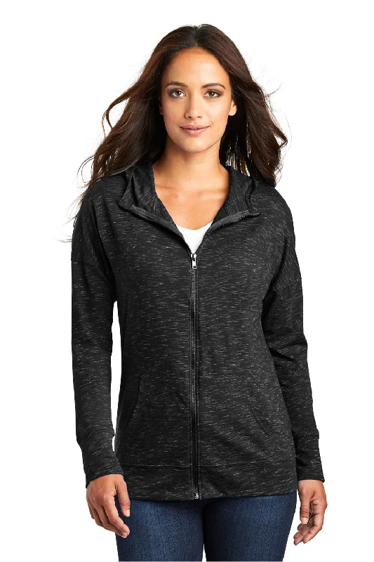 Women's Hooded Sweatshirts with Magnetic ClosureDistrict Womens Medal Full Zip Hooded Sweatshirt Hoodie w/ Pockets - Black