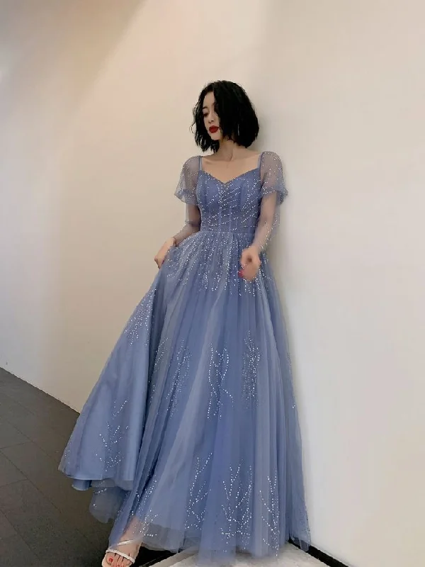 Women's U-Shaped Collar DressesBlue Tulle Long Formal Dress Party Dress, Beautiful Blue Prom Dresses     S6371