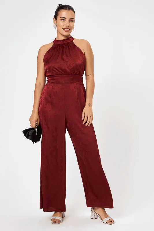 Women's Jumpsuits with Shirt CollarWine Satin Halter Neck Jumpsuit