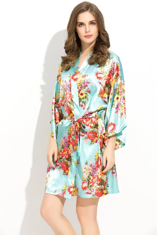 women's pajamas featuring floral embroideryMint-Blue Floral Bridesmaid Robes Kimono