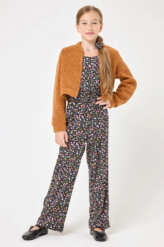 Women's Jumpsuits with Mandarin CollarKids Floral Jumpsuit w. Mustard Sherpa Fleece Jacket