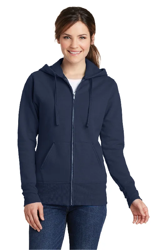 Women's Hooded Sweatshirts with ThumbholesPort & Company Womens Core Pill Resistant Fleece Full Zip Hooded Sweatshirt Hoodie w/ Pockets - Navy Blue