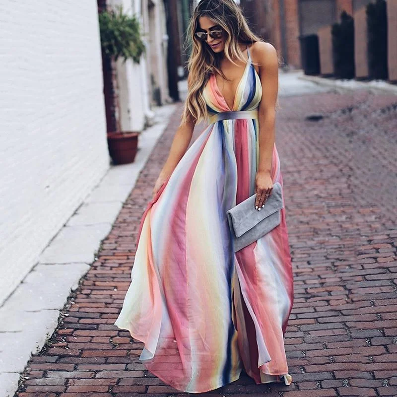 Women's V-Shaped-Neck DressesFashionSierra - Halter long chiffon dress Bohemian rainbow printed women maxi dress Fashion v neck club party dresses vestidos mujer