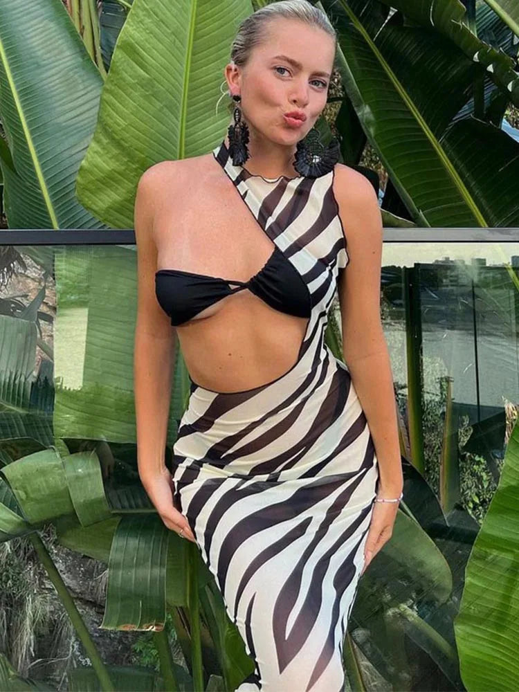 Women's Keyhole Collar DressesZebra Print Transparent Striped Mesh Maxi Women 2024 Vacation Summer Cut Out Dress