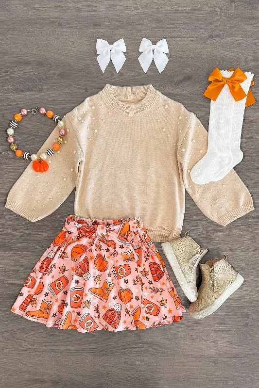 Women's Boho SkirtsPearl Sweater Pumpkin Spice Skirt Set