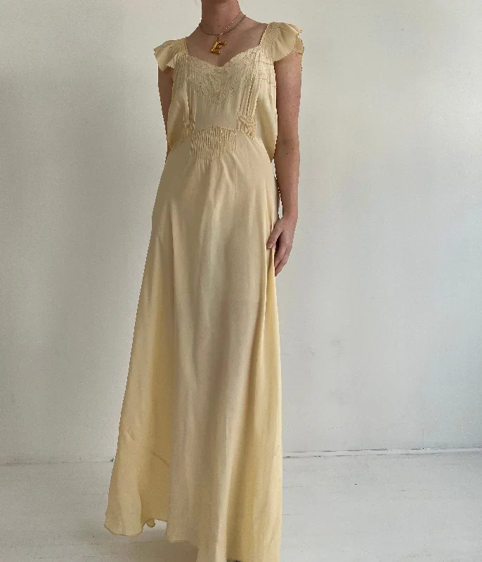 women's pajamas with a modern twist1930's Butter Yellow Silk Slip Dress with Ruffle Sleeve