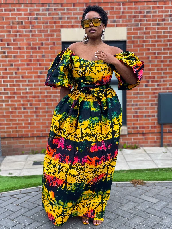 Women's U-Shaped Collar DressesBrenie Ankara Off Shoulder Maxi Dress | Green and Yellow Multicoloured African Print