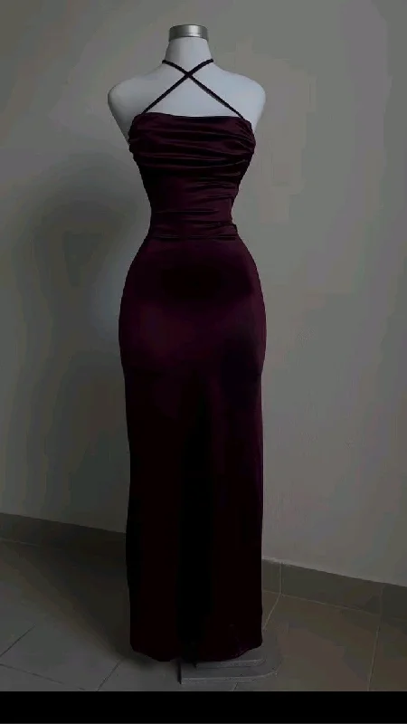 Women's Asymmetrical DressesBurgundy Straps Open Back Sheath Satin Long Party Dress         S6241