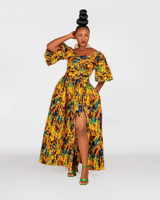 Women's Maxi DressesNadia Ankara Off Shoulder Maxi Dress | Yellow Multicoloured African Print