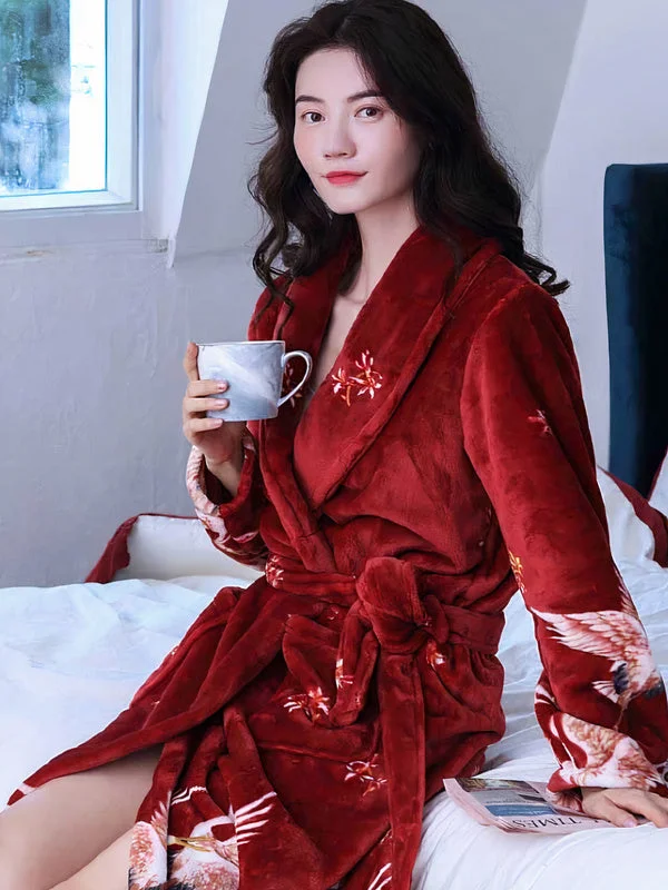 women's pajamas for those who love comfortRobe de Chambre Polaire Femme Imprimé Oiseaux "Rouge"