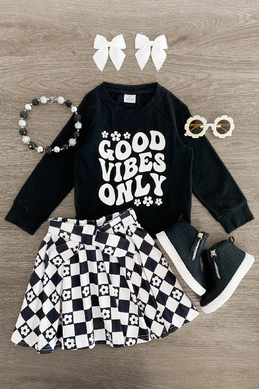 Women's Square Hem Skirts"Good Vibes Only" Black Checkered Skirt Set