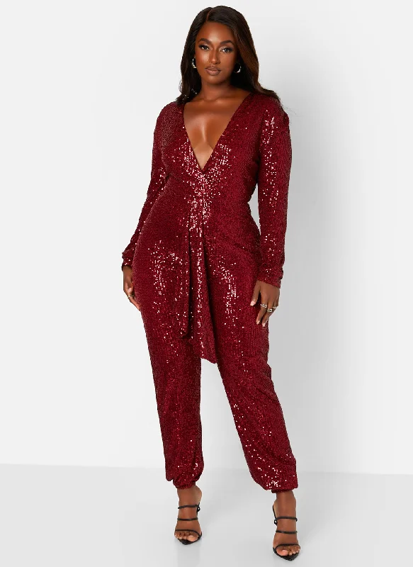 Women's Jumpsuits with SleevesEmpowered V-Neck Long Sleeve Sequin Jumpsuit