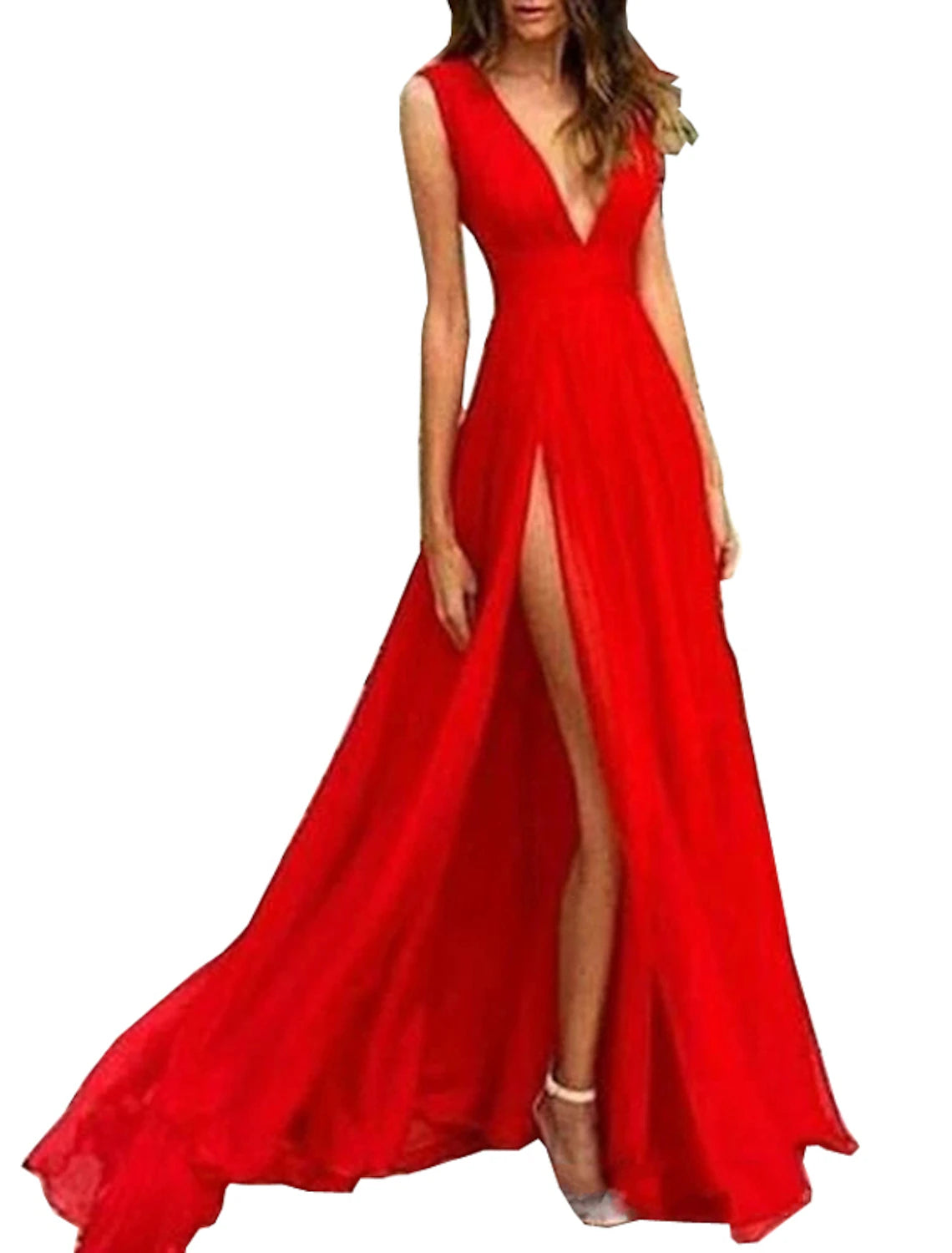 Women's Narrow Collar DressesA-Line Evening Gown Elegant Dress Wedding Guest Party Wear Floor Length Sleeveless V Neck Chiffon with Slit