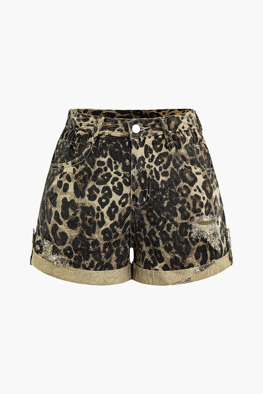 Women's Essential ShortsLeopard Print Denim Pocket Button Shorts