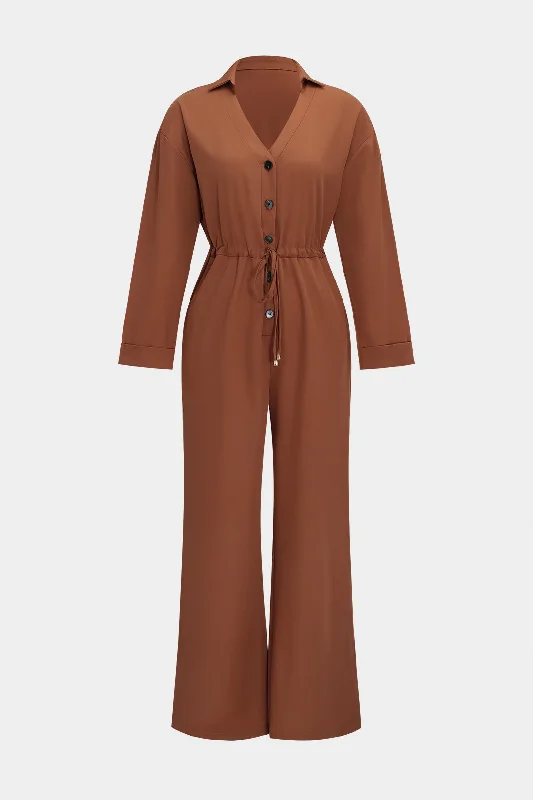 Women's Jumpsuits with Mandarin CollarButton Pocket Tie-Up Wide Leg Long Sleeve Jumpsuit