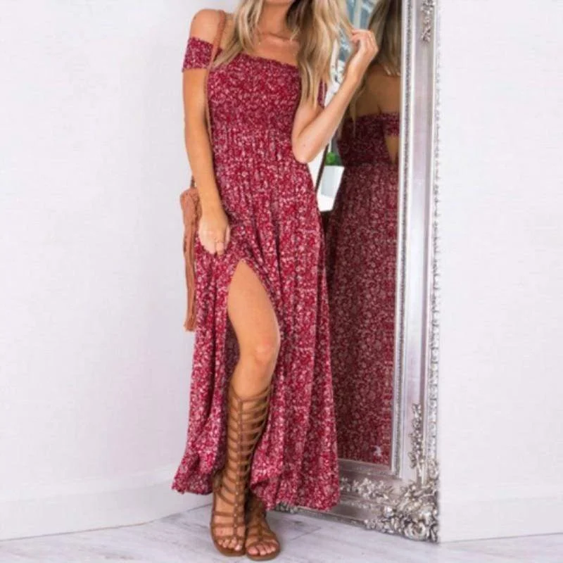 Women's Peter Pan Collar DressesFashionSierra - New Fashion Women Boho Off shoulder High Waist Short Sleeve Maxi Dress Ladeis Summer Floral Beach Casual Long Sundress