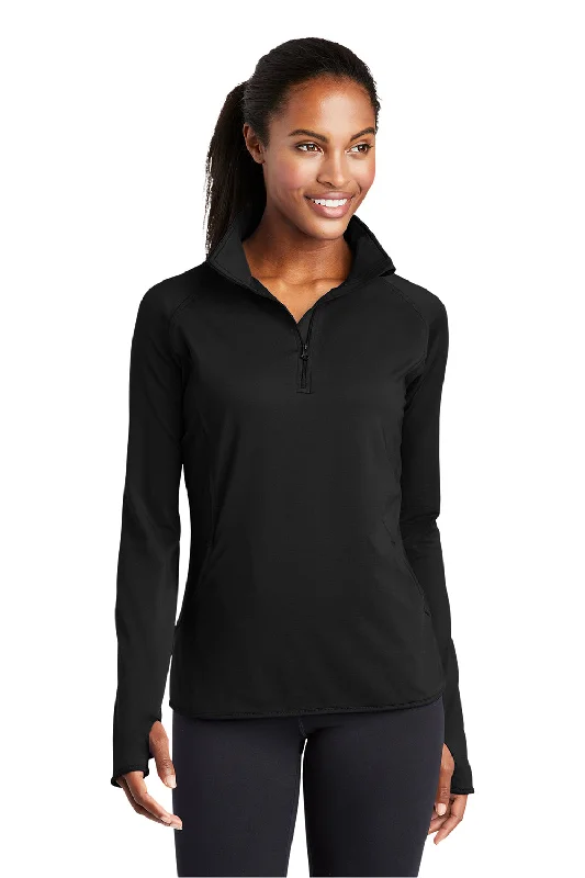 Women's Hooded Sweatshirts with Linen LiningSport-Tek Womens Sport-Wick Moisture Wicking 1/4 Zip Sweatshirt w/ Pouch Pocket - Black