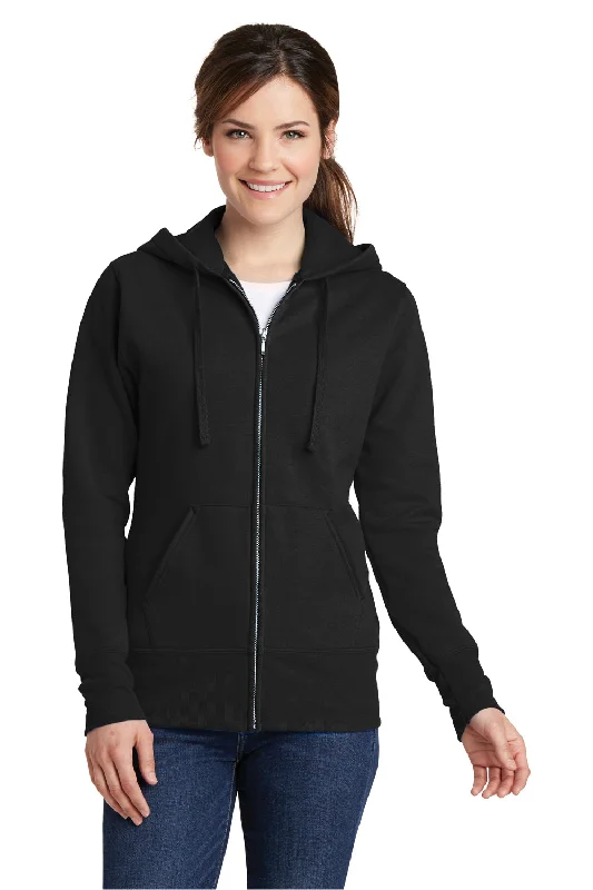 Women's Hooded Sweatshirts with Corduroy LiningPort & Company Womens Core Pill Resistant Fleece Full Zip Hooded Sweatshirt Hoodie w/ Pockets - Jet Black