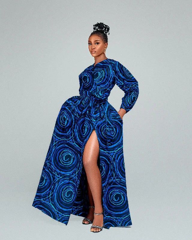 Women's High Collar DressesAllie Ankara Maxi Dress| Blue Spiral Print