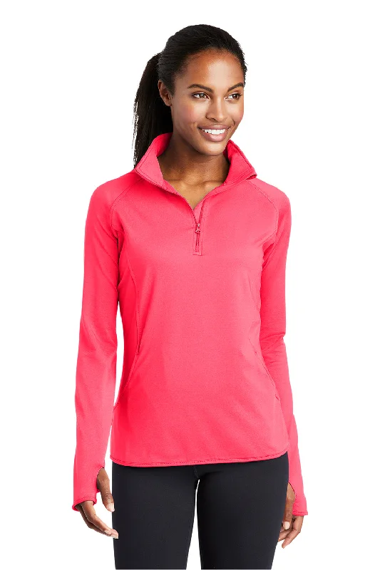 Women's Hooded Sweatshirts with Houndstooth LiningSport-Tek Womens Sport-Wick Moisture Wicking 1/4 Zip Sweatshirt w/ Pouch Pocket - Hot Coral Pink