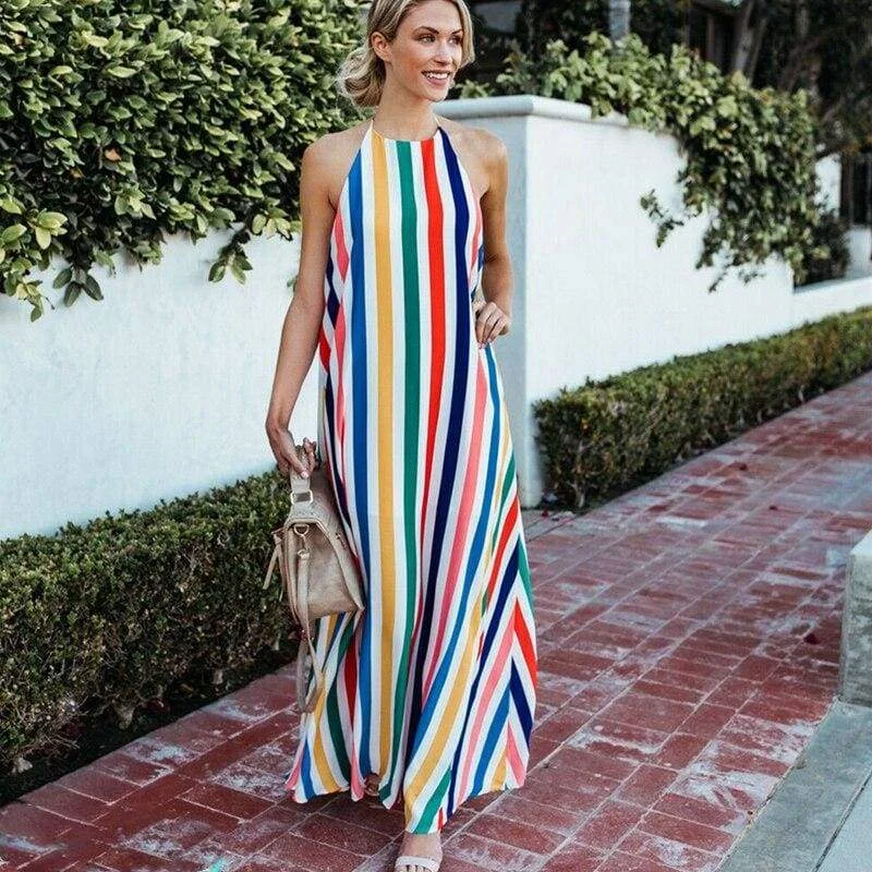 Women's Bell-Sleeve DressesFashionSierra - HOT Women Sling Backless Dress Summer Sexy Ladies Sleeveless Beach Stripe Evening Party Long Maxi Sundress