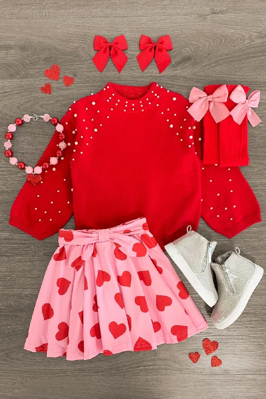 Women's Modern SkirtsRed Pearl Sweater Hearts Skirt Set