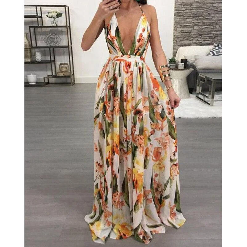 Women's Sweetheart-Neck DressesFashionSierra - Floral deep v neck backless maxi dress women Sleeveless flower print bohemian long dress Fashion long summer beach dresses