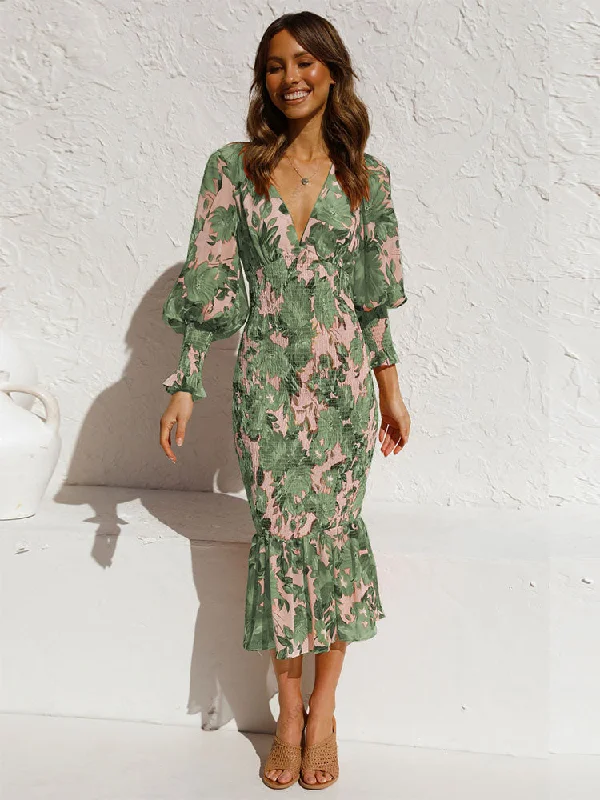 Women's Sweetheart-Neck DressesFashionSierra - Women Sexy V Neck Floral Printed Ruffle Maxi Dresses