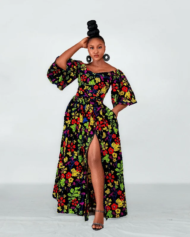 Women's Off-Shoulder DressesTess Ankara Off Shoulder Maxi Dress | Green and Pink Multicolored African Print