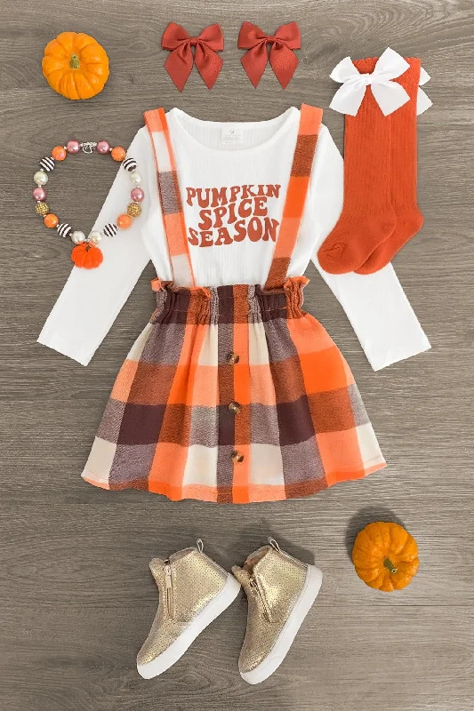 Women's Gathered Skirts"Pumpkin Spice Season" Plaid Suspender Skirt Set