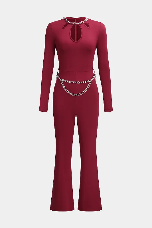 Women's Jumpsuits with Sweetheart NeckMetallic Chain Cut Out Long Sleeve Jumpsuit