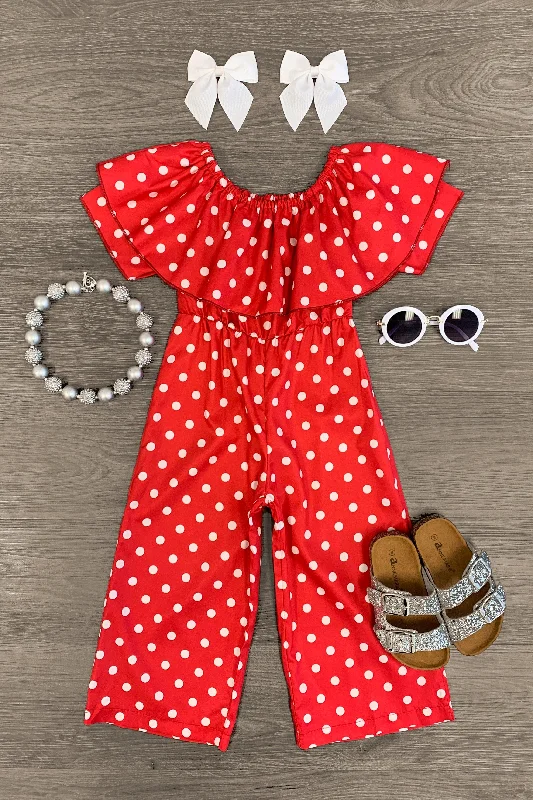 Women's Jumpsuits with ButtonsRed Polka Dot Ruffle Jumpsuit