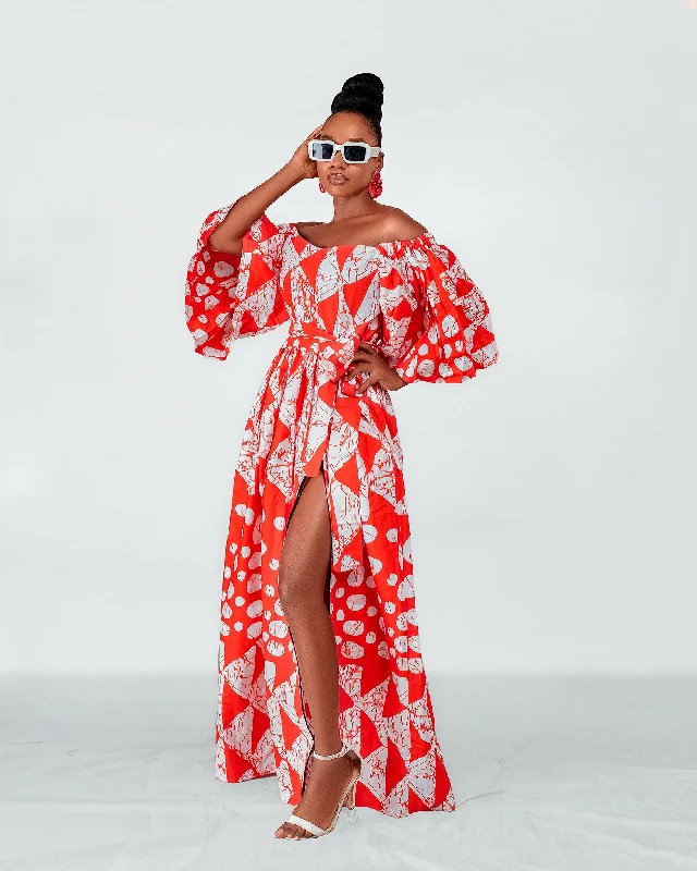 Women's Halter DressesTori Ankara Off shoulder Maxi Dress | Red and White African Print