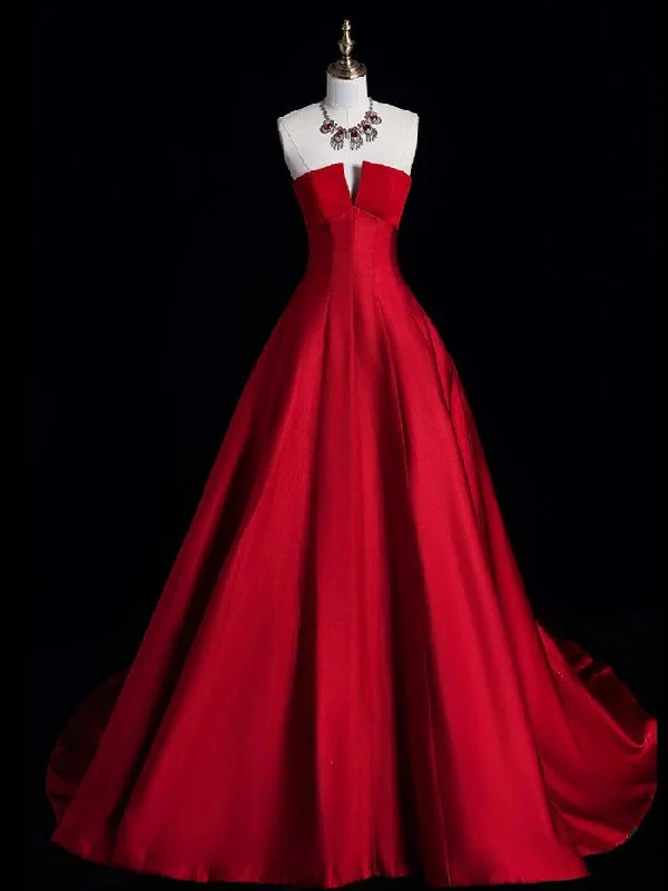 Women's Bell-Sleeve DressesRed Simple Satin Long Party Dress Evening Dress, Red Satin Formal Dress       S6295