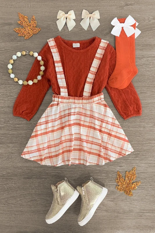 Women's Peter Pan Collar SkirtsOrange Knit Sweater Plaid Suspender Skirt Set