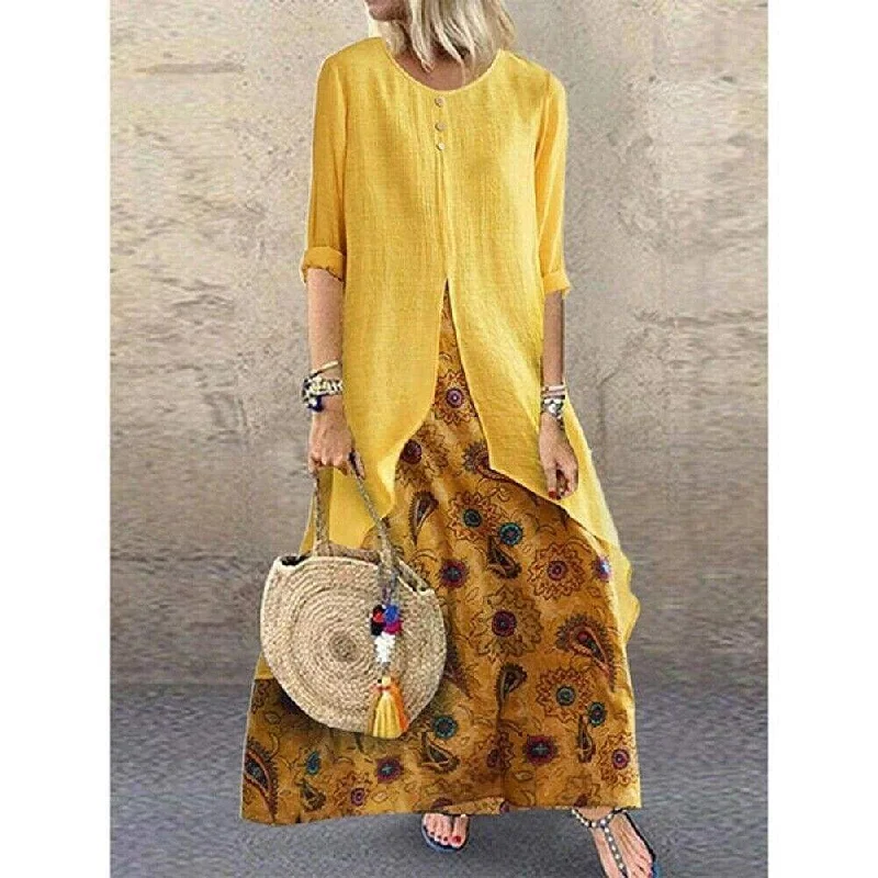 Women's Maxi DressesFashionSierra - New Women's Peasant Ethnic Boho Long Shirt Vest Dress Summer Casual Long Sleeve Loose Kaftan Maxi Dress Sundress Plus Size