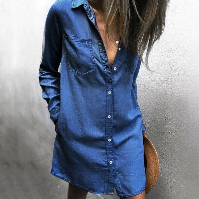 Women's Notched Collar DressesFashionSierra - Women Summer Mini Denim Jeans Dress 2019 New Fashion Ladies Casual Long Sleeve V Neck Loose Top Blouse Shirt Dress