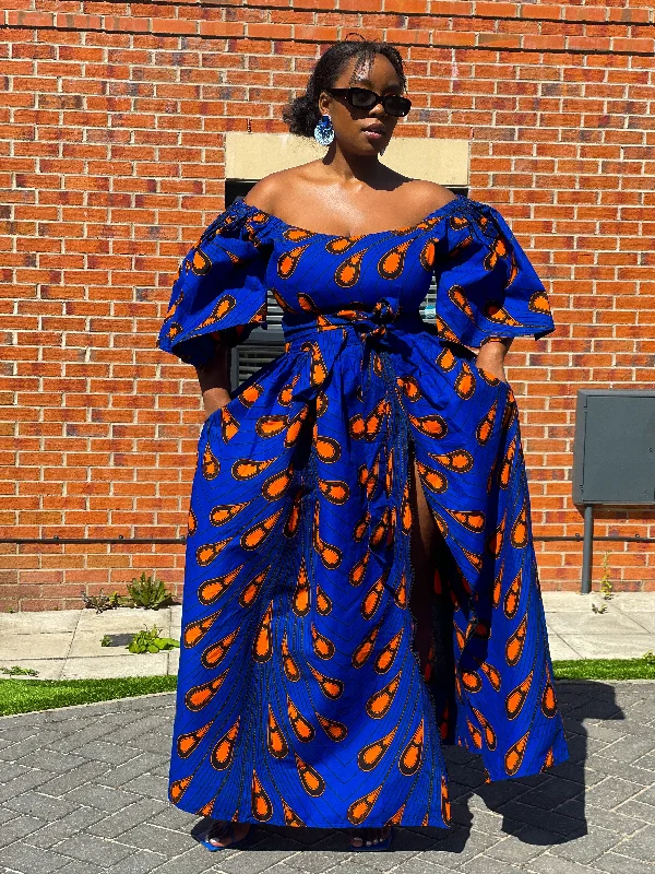 Women's Mandarin-Neck DressesNimi Ankara Off Shoulder Maxi Dress | Blue and Orange African Print