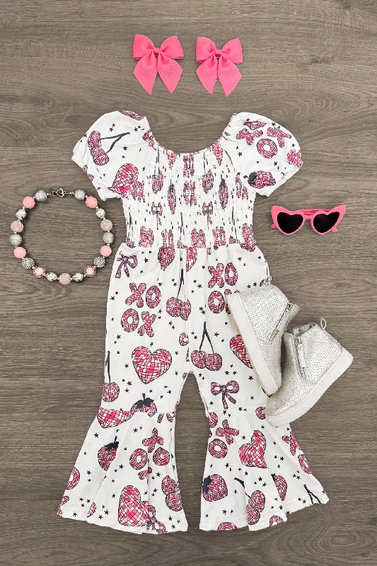 Women's Jumpsuits with Square Collar"XOXO" White & Pink Disco Jumpsuit