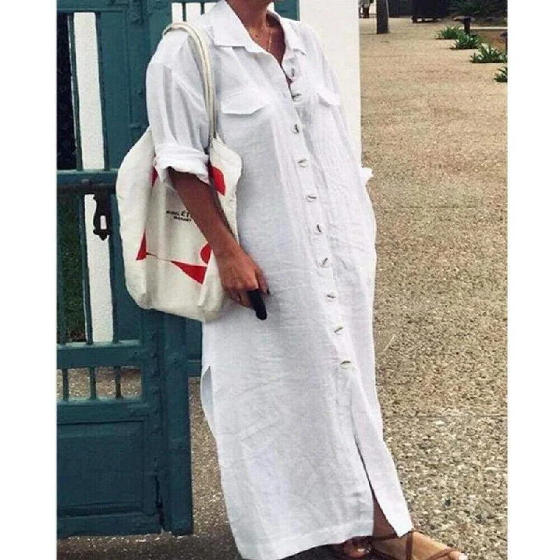 Women's Fit and Flare DressesFashionSierra - New Women's Casual Plain Long Sleeve Maxi Dress Ladies Loose Kaftan Tunic Baggy Button Down Long Shirt Dresses