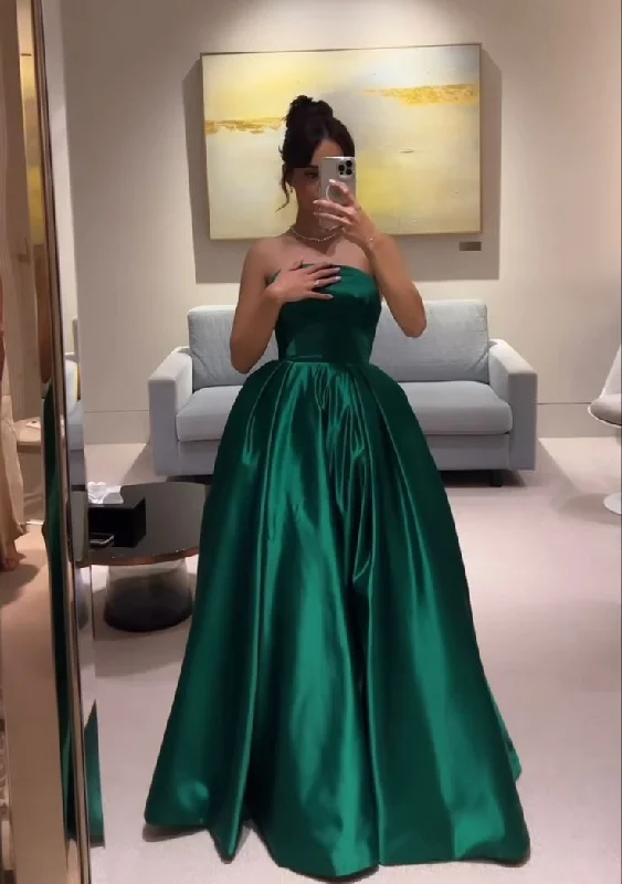 Women's Square Collar DressesStrapless A Line Green Long Prom Dress Formal Party Gown         S6257