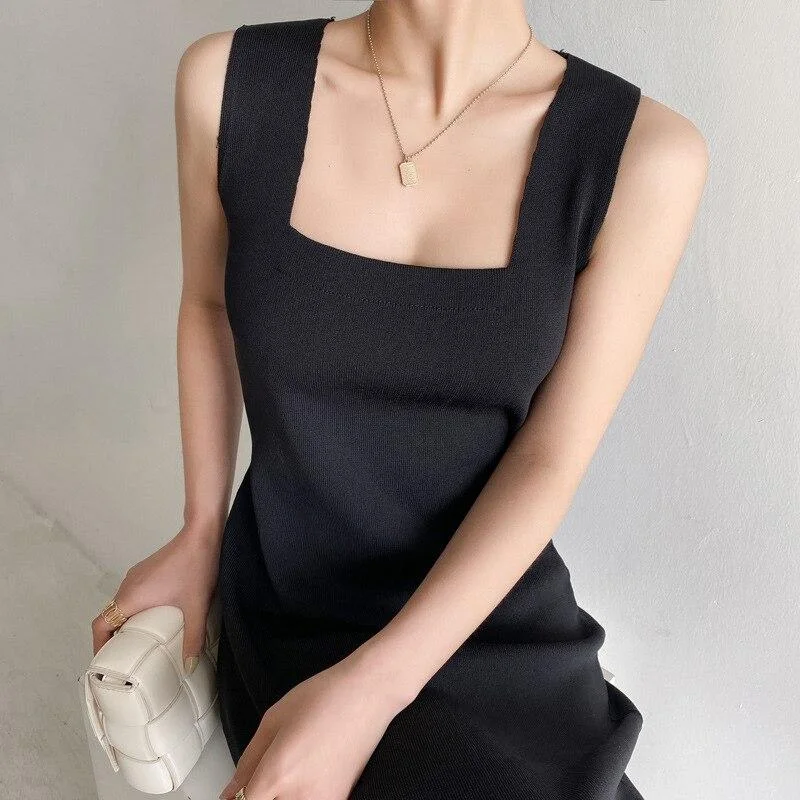 Women's Rounded Collar DressesFashionSierra - Square Neck Sleeveless Mini Black Dress